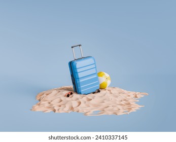 3D rendering of a blue rolling suitcase beside a beach ball on a sandy patch, travel and holiday concepts against a blue studio background. - Powered by Shutterstock