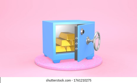 3d Rendering A Blue Safe On A Pink Platform, A Door Opens, It Is Filled With Gold Bars. Bank, Business, Financial Institution, Digital Marketing Advertising Motion Animation