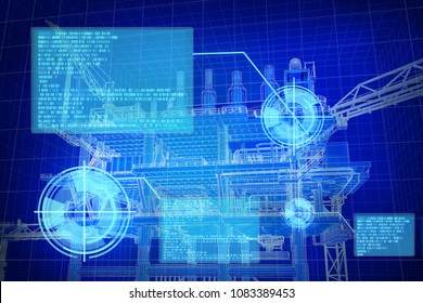 3D Rendering , Blue Screen Oil Rig Construction Plant With Digital Window Detail Data 