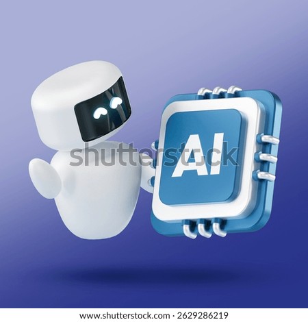 3D rendering of a blue and silver microchip chip white robot with the letters “AI” prominently displayed in the center, symbolizing artificial intelligence, on a gradient purple-blue background.