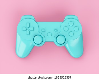 3d rendering blue video game controller on pink background