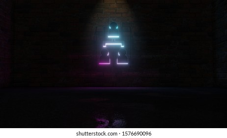 3D rendering of blue violet neon symbol of hierarchical structure of four people on dark brick wall background with wet blurred reflection