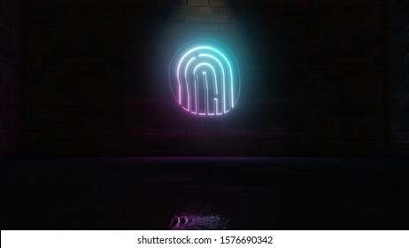 3D rendering of blue violet neon symbol of inverse fingerprint on dark brick wall background with wet blurred reflection