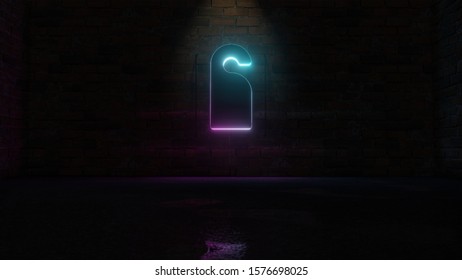 3D rendering of blue violet neon symbol of do not disturb label on dark brick wall background with wet blurred reflection
