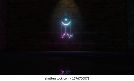 3D rendering of blue violet neon symbol of drafting compass on dark brick wall background with wet blurred reflection