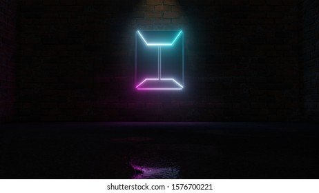 3D rendering of blue violet neon symbol of sealed envelope with flaps on dark brick wall background with wet blurred reflection