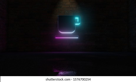 3D rendering of blue violet neon symbol of coffee mug on dark brick wall background with wet blurred reflection