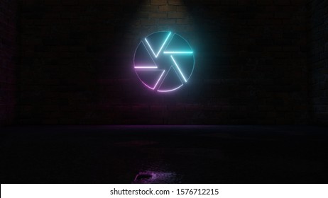 3D Rendering Of Blue Violet Neon Symbol Of Camera Aperture On Dark Brick Wall Background With Wet Blurred Reflection