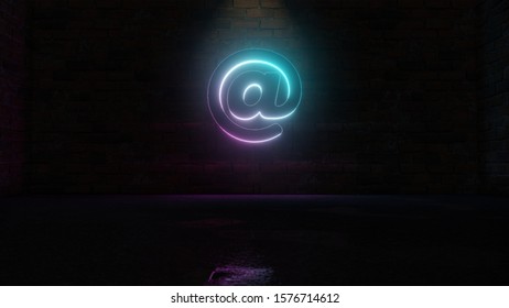 3D rendering of blue violet neon symbol of at sign on dark brick wall background with wet blurred reflection