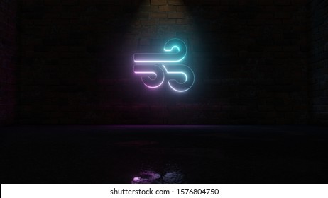 3D rendering of blue violet neon symbol of three wind lines on dark brick wall background with wet blurred reflection