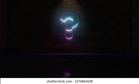 3D rendering of blue violet neon symbol of question mark on dark brick wall background with wet blurred reflection