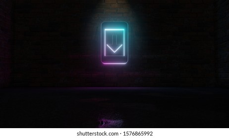 3D rendering of blue violet neon symbol of mobile phone with down arrow on screen on dark brick wall background with wet blurred reflection