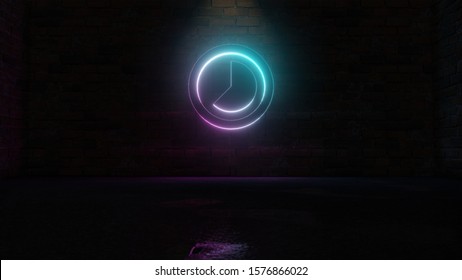 3D rendering of blue violet neon symbol of camera lens on dark brick wall background with wet blurred reflection