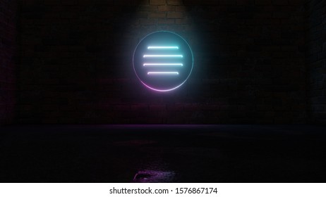 3D rendering of blue violet neon symbol of three thin lines in circle menu on dark brick wall background with wet blurred reflection
