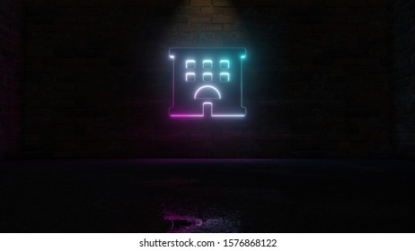 3D rendering of blue violet neon symbol of hotel building on dark brick wall background with wet blurred reflection