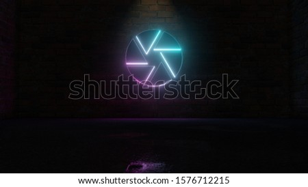 3D rendering of blue violet neon symbol of camera aperture on dark brick wall background with wet blurred reflection