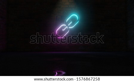 3D rendering of blue violet neon symbol of three thin chain links on dark brick wall background with wet blurred reflection