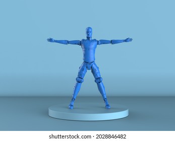 3d rendering blue vitruvian robot or cyborg on blue background