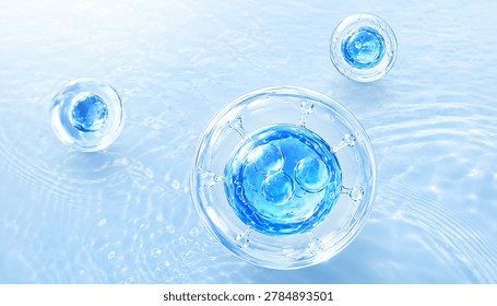 3D rendering of blue water molecules and serum cells floating on active water ripples. Concept for hyaluronic acid capsule, hydration moisturizer, and scientific beauty skincare background.