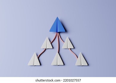 3D rendering blue and white paper plane with following line path. Leadership concept