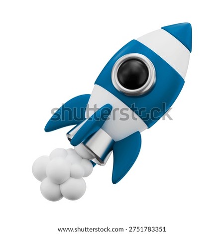 A 3D rendering of a blue and white rocket ship with a pointed nose and two wings. The rocket is emitting a trail of white clouds as it ascends into the sky, symbolizing speed and adventure.