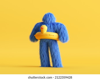 3d rendering, blue Yeti cartoon character wears duck inflatable swimming ring, hairy halloween monster, furry beast funny toy isolated on yellow background