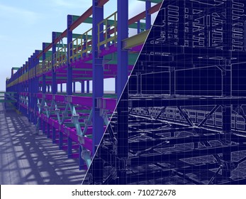 3D Rendering And Blueprint. The Construction Of Flyovers Of Metal Structures And Drawing On A Blue Background.