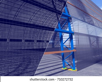 3D rendering and blueprint. The construction of a hangar of arch type, crane.