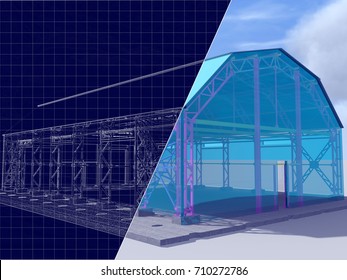 3D rendering and blueprint. The project hangar, warehouse, garage with glazing. Drawing on a blue background.