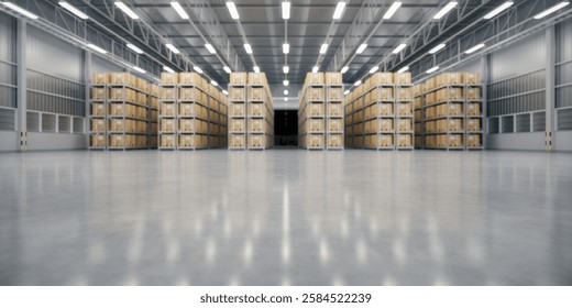 3d rendering blur background of warehouse industry building interior. known as distribution center, retail warehouse. Included cardboard box on shelf, empty space on concrete floor suit for background