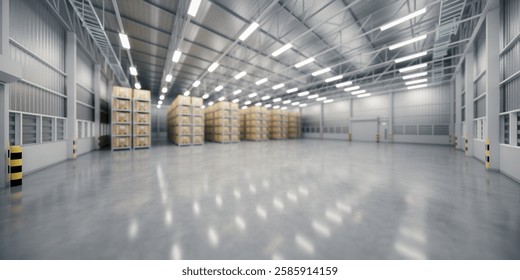 3d rendering blur background of warehouse industry building interior. known as distribution center, retail warehouse. Included cardboard box on shelf, empty space on concrete floor suit for background