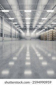 3d rendering blur background of warehouse industry building interior. known as distribution center, retail warehouse. Included cardboard box on shelf, empty space on concrete floor suit for background
