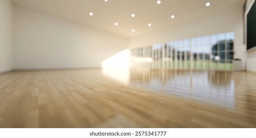 3d rendering of blur classroom background in perspective. Empty room interior of school, university and college. Include wooden floor, light of door window. Concept of education, teach and learn.