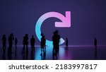 3d rendering blured people in front of big white symbol of redo circle arrow with subtle back light and glow with floor reflection