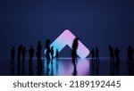3d rendering blured people in front of big white symbol of angle arrow up with subtle back light and glow with floor reflection