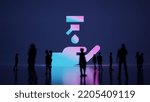 3d rendering blured people in front of big white symbol of sanitizer with hand with subtle back light and glow with floor reflection