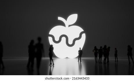 3d rendering blured people in front of big white symbol of snow white apple fruit with subtle back light and glow with floor reflection