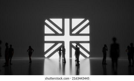 3d rendering blured people in front of big white symbol of united kingdom flag with subtle back light and glow with floor reflection