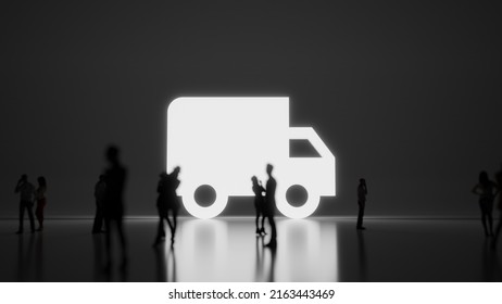 3d rendering blured people in front of big white symbol of truck from profile with subtle back light and glow with floor reflection