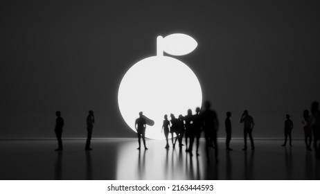 3d rendering blured people in front of big white symbol of orange fruit with subtle back light and glow with floor reflection