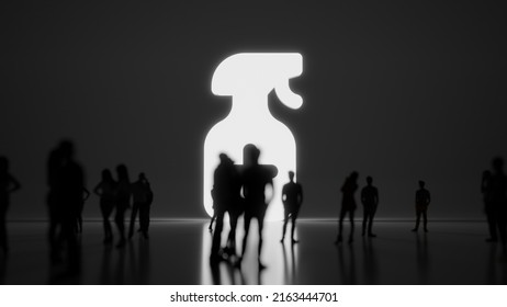 3d rendering blured people in front of big white symbol of sanitizer spray with cross with subtle back light and glow with floor reflection