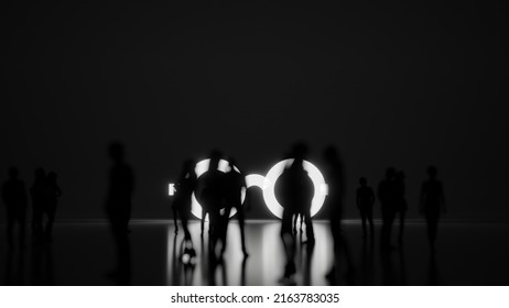 3d rendering blured people in front of big white symbol of Lennon glasses round style with subtle back light and glow with floor reflection