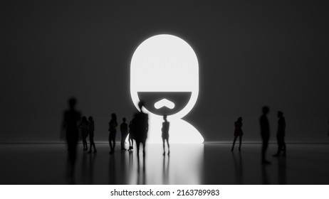 3d Rendering Blured People In Front Of Big White Symbol Of English Man Person With Subtle Back Light And Glow With Floor Reflection