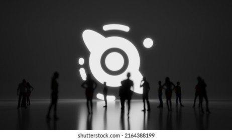 3d Rendering Blured People In Front Of Big White Symbol Of Black Hole In The Dark Space With Subtle Back Light And Glow With Floor Reflection