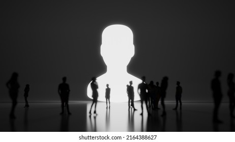 3d rendering blured people in front of big white symbol of man user with subtle back light and glow with floor reflection