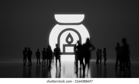 3d rendering blured people in front of big white symbol of aromatherapy with lighted candle with subtle back light and glow with floor reflection