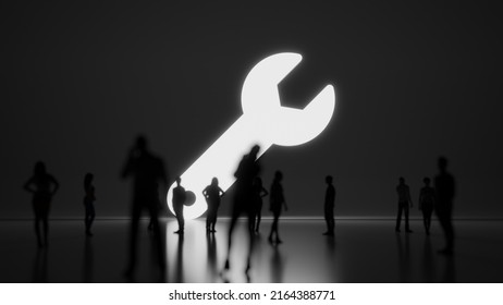 3d Rendering Blured People In Front Of Big White Symbol Of Wrench With Small Hole With Subtle Back Light And Glow With Floor Reflection