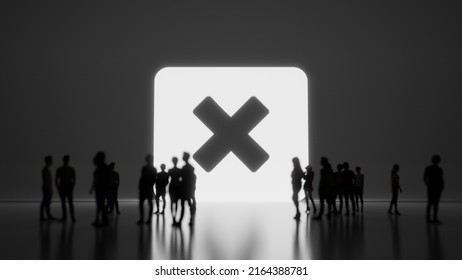 3d rendering blured people in front of big white symbol of cancel cross in rounded rectangle with subtle back light and glow with floor reflection