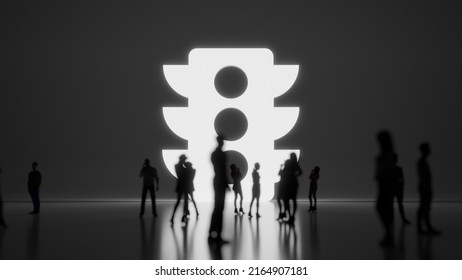 3d rendering blured people in front of big white symbol of traffic light with subtle back light and glow with floor reflection