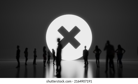 3d rendering blured people in front of big white symbol of times sign in circle with subtle back light and glow with floor reflection